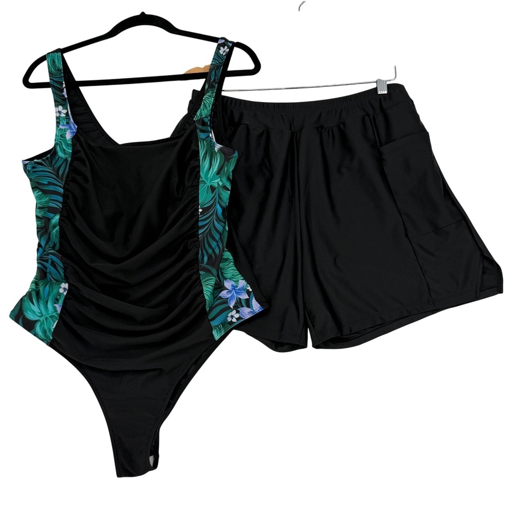 Black Tropical Floral Ruched One Piece Swimsuit and Swim Shorts Set Two Piece
